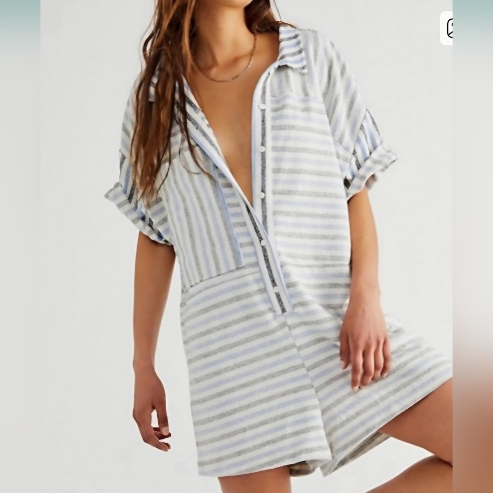 Free People Striped Button-Up Romper Size M. - Picture 2 of 15